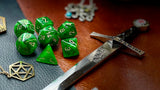 Green Vortex Chessex Dice Set. These genuine Chessex polyhedral dice sets are a perfect addition to any dice collection. They are standard 16mm polyhedral dice sets perfect for Tabletop games and RPG's such as pathfinder or dungeons and dragons. This set includes one of each D20, D12, D10, D%, D8, D6, D4.