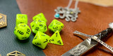Lime Vortex Chessex Dice Set. These genuine Chessex polyhedral dice sets are a perfect addition to any dice collection. They are standard 16mm polyhedral dice sets perfect for Tabletop games and RPG's such as pathfinder or dungeons and dragons. This set includes one of each D20, D12, D10, D%, D8, D6, D4.