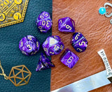 Purple Vortex Chessex Dice Set. These genuine Chessex polyhedral dice sets are a perfect addition to any dice collection. They are standard 16mm polyhedral dice sets perfect for Tabletop games and RPG's such as pathfinder or dungeons and dragons. This set includes one of each D20, D12, D10, D%, D8, D6, D4.