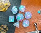 Wisteria Nebula Chessex Dice Set  These genuine Chessex polyhedral dice sets are a perfect addition to any dice collection.  They are standard 16mm polyhedral dice sets perfect for Tabletop games and RPG's such as pathfinder or dungeons and dragons.  This set includes one of each D20, D12, D10, D%, D8, D6, D4.  Why Choose Chessex?  Chessex are the market leaders in quality of dice and consistency of roll and have been creating dice for over 30 years