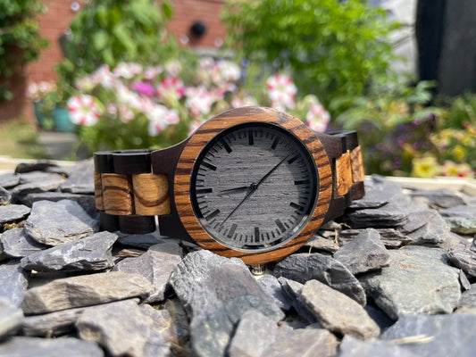 Walnut & Zebrano Wooden Eco Watch With Textured Face & Interlocking Strap

Made from solid walnut and Zebrano; these watches are both comfortable to wear and a unique timepiece.