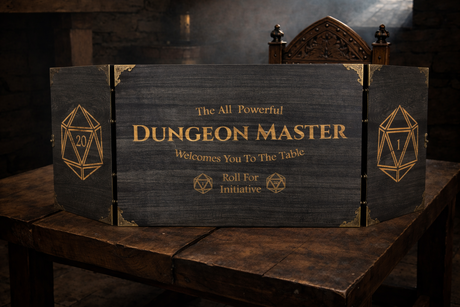 An impressive, budget friendly addition to your RPG setup.

Featuring our fund "All Powerful Dungeon Master" design, the screen's 3 sections fold on hinges and has an antique effect catch for easy storage. The finish is aged and antiqued by hand to give you that rustic, tavern feel. We embellish the screen with antiqued corner protectors to save you from bumps and scrapes.