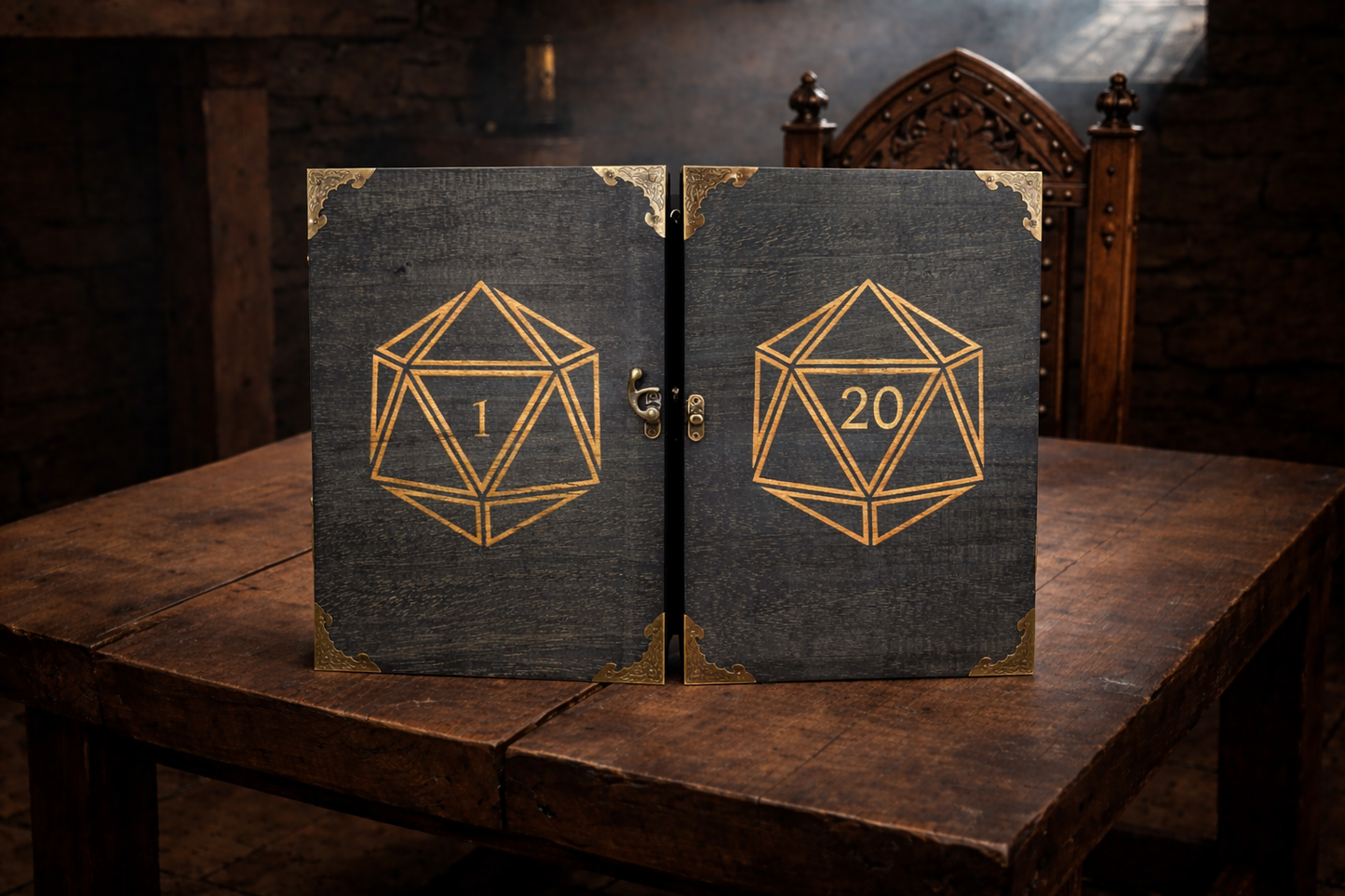 An impressive, budget friendly addition to your RPG setup.

Featuring our fund "All Powerful Dungeon Master" design, the screen's 3 sections fold on hinges and has an antique effect catch for easy storage. The finish is aged and antiqued by hand to give you that rustic, tavern feel. We embellish the screen with antiqued corner protectors to save you from bumps and scrapes.