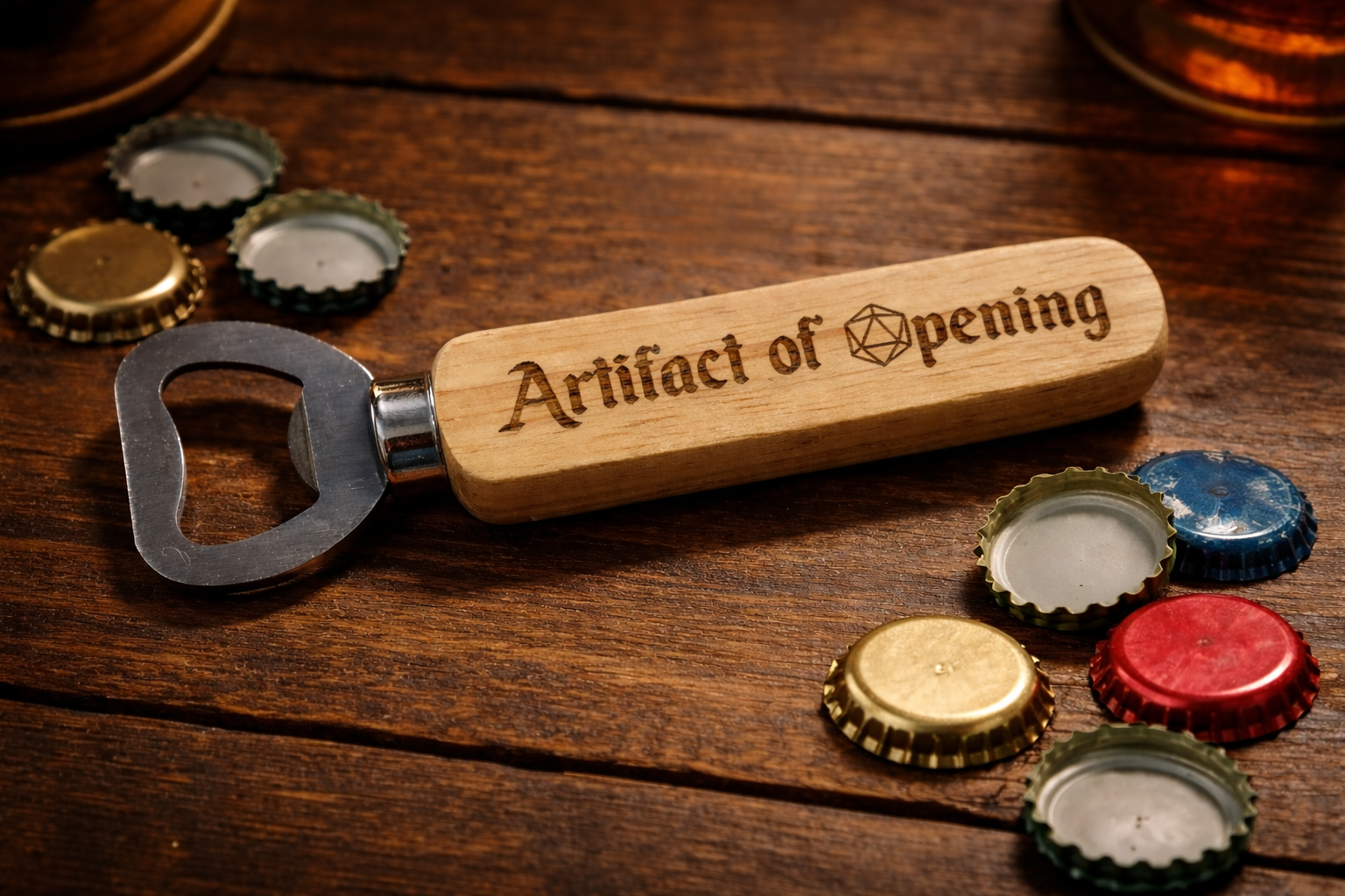 "Artifact or Opening" engraved wooden handled bottle opener.