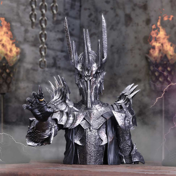 Conquer all those who stand against you with this officially licensed Lord of the Rings Sauron bust. Featuring Sauron himself in his recognisable metallic armour and angular helmet, he stands reaching out with the One Ring placed noticeably on his index finger, adding to the second to none detailing of the bust. This exquisitely designed piece is cast as well as the finest Elvish resin before being expertly hand-painted.