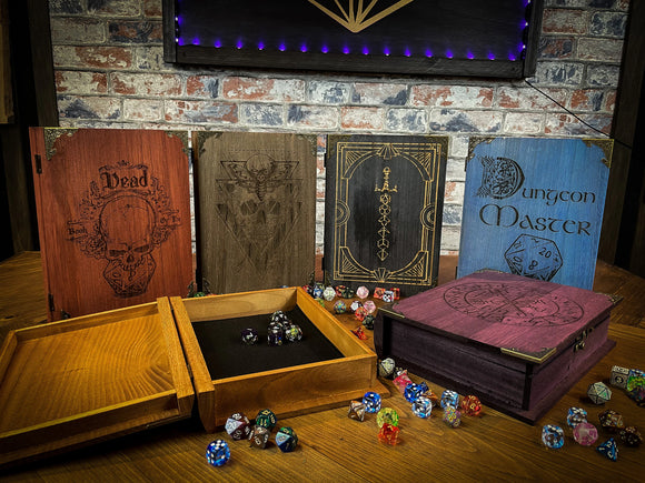 Book effect dice and player storage box / roll tray - Choice of designs and colours.  Our unique book affect solid wood box and roll trays are perfect for dice and equipment storage. Ideal for pens, notes, tokens, dice, player cards, spell cards...the list is endle