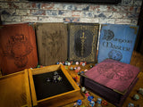 Book effect dice and player storage box / roll tray - Choice of designs and colours.  Our unique book affect solid wood box and roll trays are perfect for dice and equipment storage. Ideal for pens, notes, tokens, dice, player cards, spell cards...the list is endle