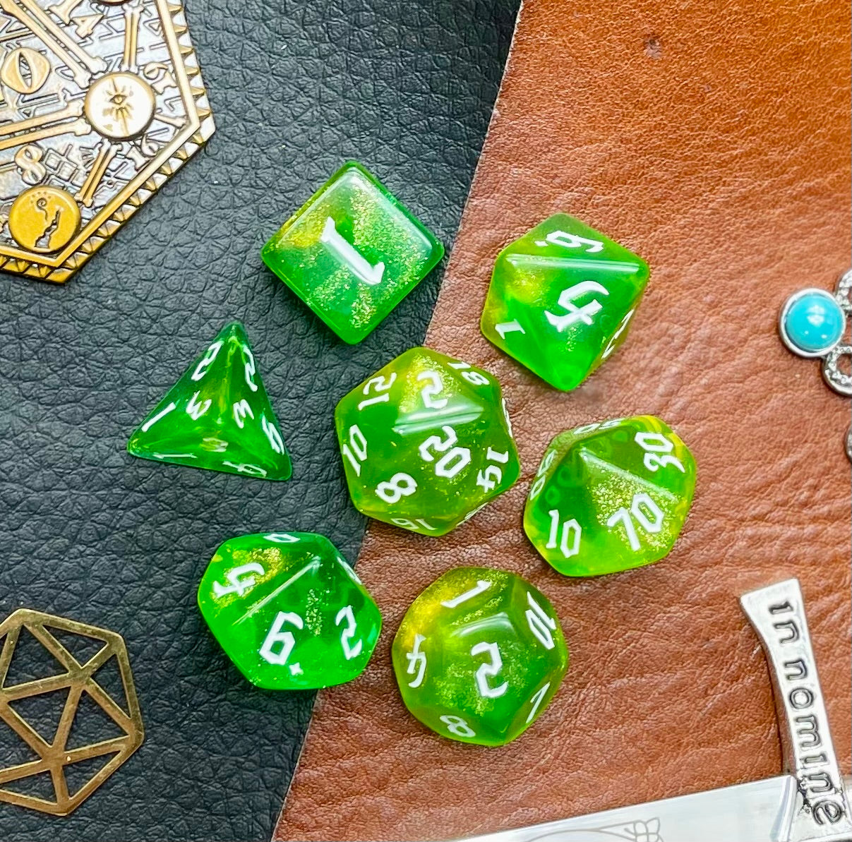 Chaos Fairy Polyhedral Dice Set  Roll your sacrifice to the Chaos Fairies with these green and yellow shimmer resin polyhedral dice set.  They are standard 16mm polyhedral dice sets perfect for Tabletop games and RPG's such as pathfinder or dungeons and dragons.  This set includes one of each D20, D12, D10, D%, D8, D6, D4.