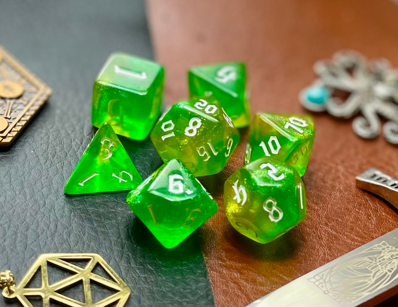 Chaos Fairy Polyhedral Dice Set  Roll your sacrifice to the Chaos Fairies with these green and yellow shimmer resin polyhedral dice set.  They are standard 16mm polyhedral dice sets perfect for Tabletop games and RPG's such as pathfinder or dungeons and dragons.  This set includes one of each D20, D12, D10, D%, D8, D6, D4.