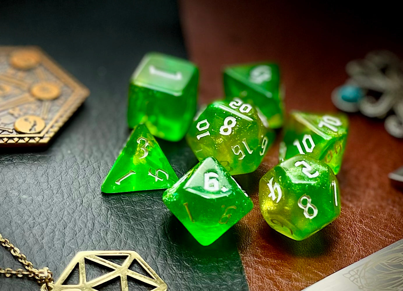 Chaos Fairy Polyhedral Dice Set  Roll your sacrifice to the Chaos Fairies with these green and yellow shimmer resin polyhedral dice set.  They are standard 16mm polyhedral dice sets perfect for Tabletop games and RPG's such as pathfinder or dungeons and dragons.  This set includes one of each D20, D12, D10, D%, D8, D6, D4.