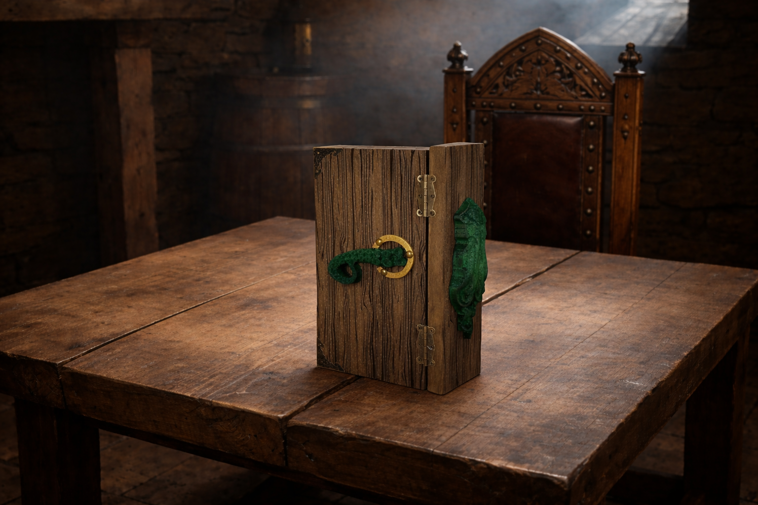 Handmade Cthulhu-themed Dungeon Master screen made from solid wood, standing open on a rustic wooden tavern table. The screen features engraved wood-textured panels, a 3D carved green Cthulhu bust and tentacle handles, antiqued metal hinges, and light wooden outer panels engraved with “Dungeon Master” designs, lit by warm candlelight in a medieval tavern setting.