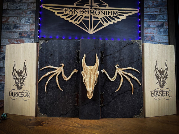 Dragon's Wrath Dungeon Master Screen. Made from solid wood and made to fold to resemble a book when not in use, this screen is stylish, fun and adds atmosphere to any game. Comprising 4 solid wood panels connected using antiqued metal hinges; they fold together to resemble a book when closed. Free  UK delivery from Fandomonium