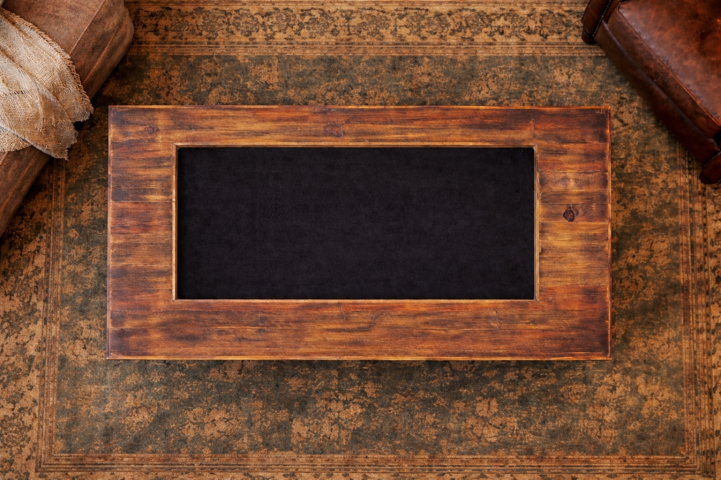 Solid reclaimed wood coffee table sized tabletop gaming table.