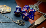 Rose Galaxy Polyhedral Dice Set  Traverse the stars with these red and blue swirl resin polyhedral dice set.  They are standard 16mm polyhedral dice sets perfect for Tabletop games and RPG's such as pathfinder or dungeons and dragons.  This set includes one of each D20, D12, D10, D%, D8, D6, D4.
