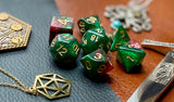 Beyond The Stars Polyhedral Dice Set  Traverse the stars with these red and green swirl resin polyhedral dice set.  They are standard 16mm polyhedral dice sets perfect for Tabletop games and RPG's such as pathfinder or dungeons and dragons.  This set includes one of each D20, D12, D10, D%, D8, D6, D4.