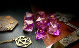 Storm Nebula Polyhedral Dice Set  Enter the storm nebula with these translucent purple and clear swirl resin polyhedral dice sets are a perfect addition to any dice collection.  They are standard 16mm polyhedral dice sets perfect for Tabletop games and RPG's such as pathfinder or dungeons and dragons.  This set includes one of each D20, D12, D10, D%, D8, D6, D4.