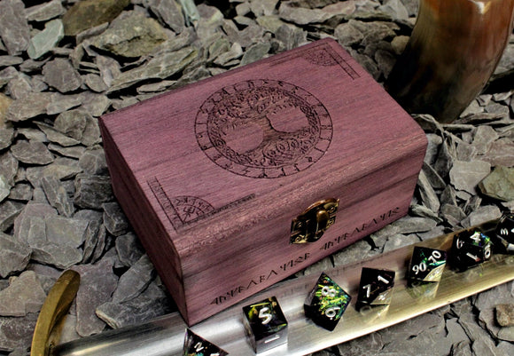 Engraved solid wood dice box with Yggdrasil Tree Of Life Design and Norse Runes. Choose from a selection of 3 sizes and 8 colour finishes to make your box unique to you. Made from solid balsa wood, they are both lightweight and strong.