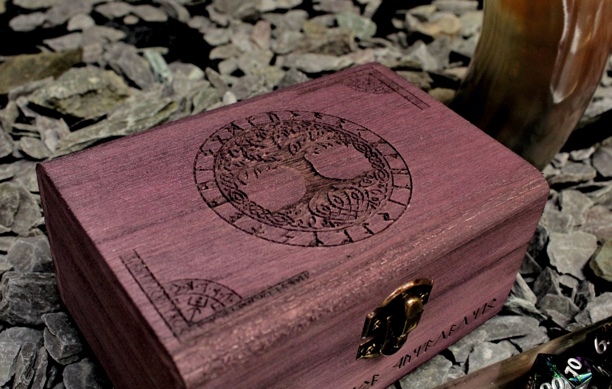 Engraved solid wood dice box with Yggdrasil Tree Of Life Design and Norse Runes. Choose from a selection of 3 sizes and 8 colour finishes to make your box unique to you. Made from solid balsa wood, they are both lightweight and strong.