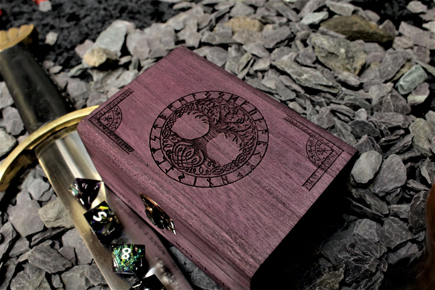 Engraved solid wood dice box with Yggdrasil Tree Of Life Design and Norse Runes. Choose from a selection of 3 sizes and 8 colour finishes to make your box unique to you. Made from solid balsa wood, they are both lightweight and strong.