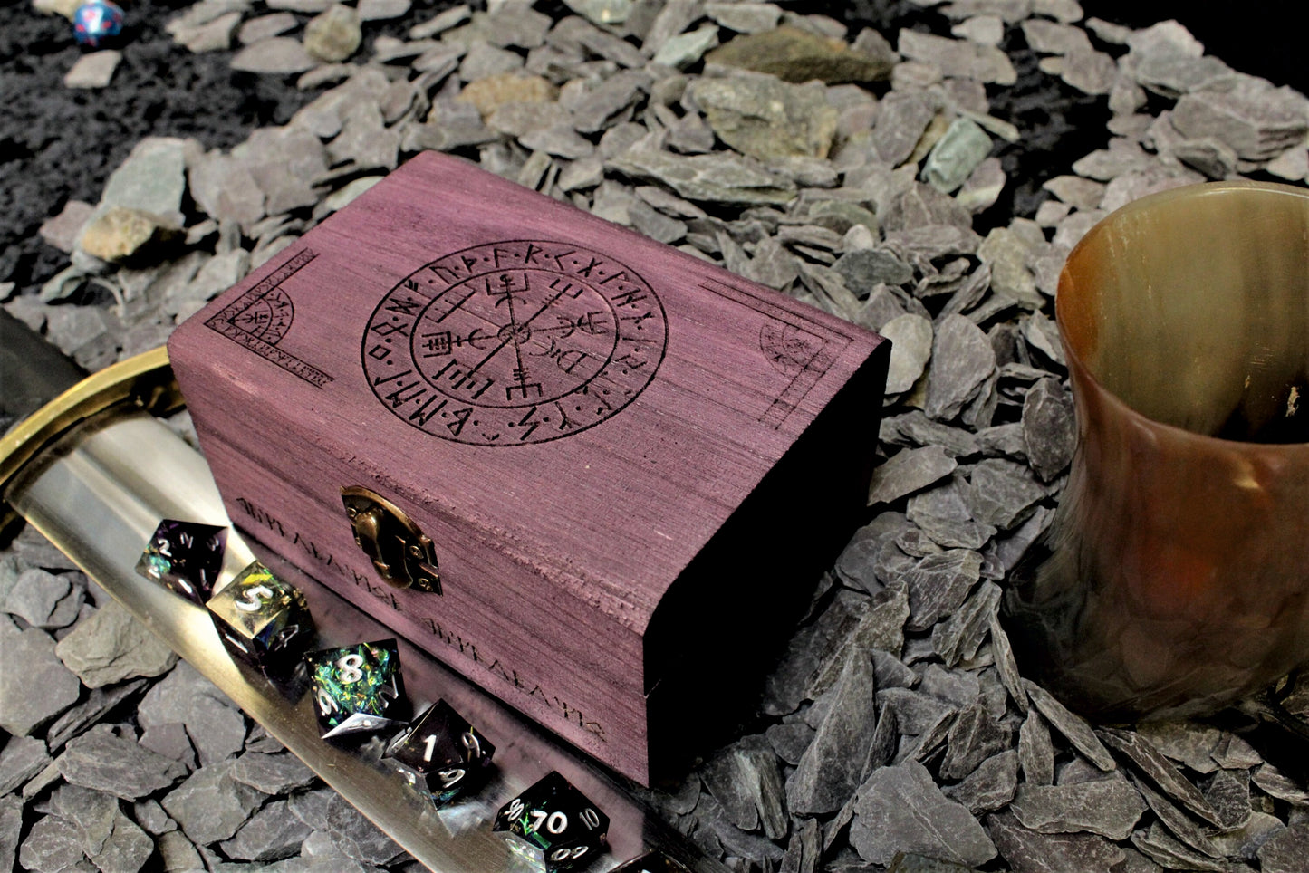 Engraved solid wood dice box with Yggdrasil Tree Of Life Design and Norse Runes. Choose from a selection of 3 sizes and 8 colour finishes to make your box unique to you. Made from solid balsa wood, they are both lightweight and strong.