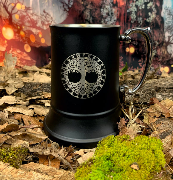 Personalised Black Viking Drinking Tankard With Yggdrasil Tree Of Life. These drinking tankards are a perfect gift idea for any aspiring modern day viking. With a custom viking.