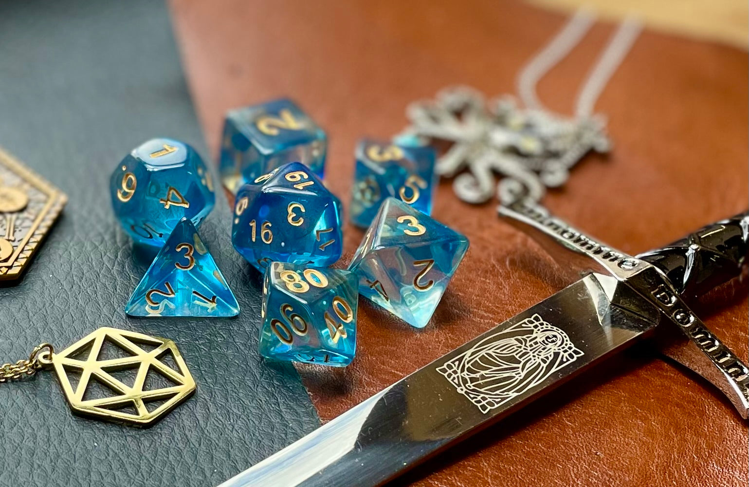 Under The Sea Polyhedral Dice Set  Dive the oceans with these translucent blue and clear swirl resin polyhedral dice sets are a perfect addition to any dice collection.  They are standard 16mm polyhedral dice sets perfect for Tabletop games and RPG's such as pathfinder or dungeons and dragons.  This set includes one of each D20, D12, D10, D%, D8, D6, D4.