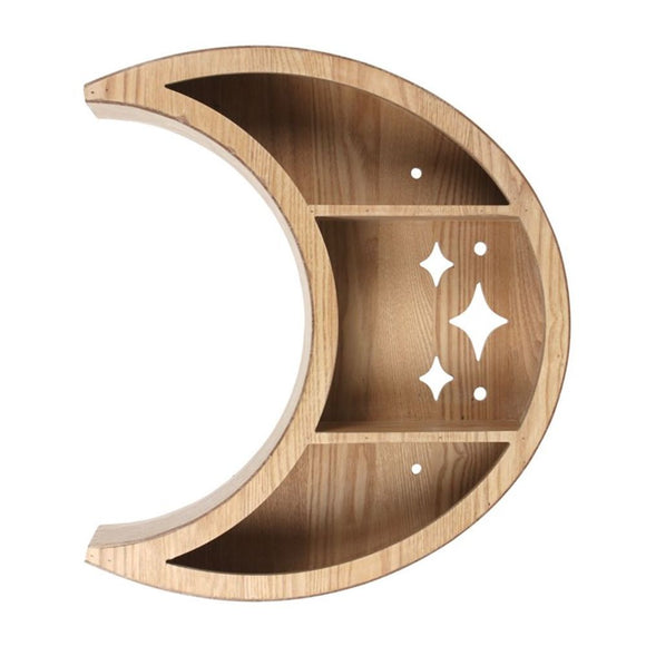 Wooden Crescent Moon Wall Shelf  Display crystals, plants, and other small treasures on this stunning crescent moon wall shelf. With cut out sparkle designs, this shelf makes a whimsical addition to any home. MDF with light wood grain effect. Free UK delivery with Fandomonium