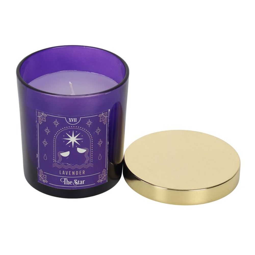 The Star Lavender Tarot Candle  Presented in a purple glass jar with a metallic gold lid, this lavender scented candle looks just as amazing as it smells. The candle has a tarot design of 'The Star' card giving it a mystical style. Free UK delivery by Fandomonium