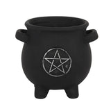 Pentagram Cauldron Plant Pot  This black terracotta cauldron pot with silver pentagram design makes a unique and witch-approved way to grow plants and flowers in the home. This adoable plant pot is the perfect size for sunny windowsills and ledges. Can also be used to store pens and pencils on a gothic desk space. Free UK delivery by Fandomonium