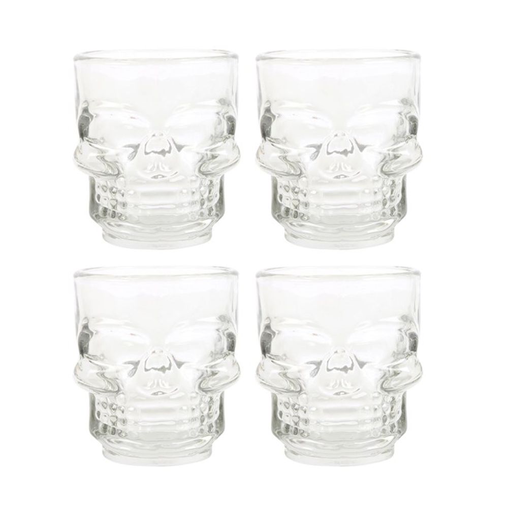 Set of 4 Skull Shot Glasses Set  Raise a glass to the extraordinary with these unforgettable shot glasses with a unique skull design. Whether as a gift for a friend who loves unique glassware or as an addition to your own collection of unique barware, these skull shot glasses are sure to be favoured pieces. Free UK delivery by Fandomonium