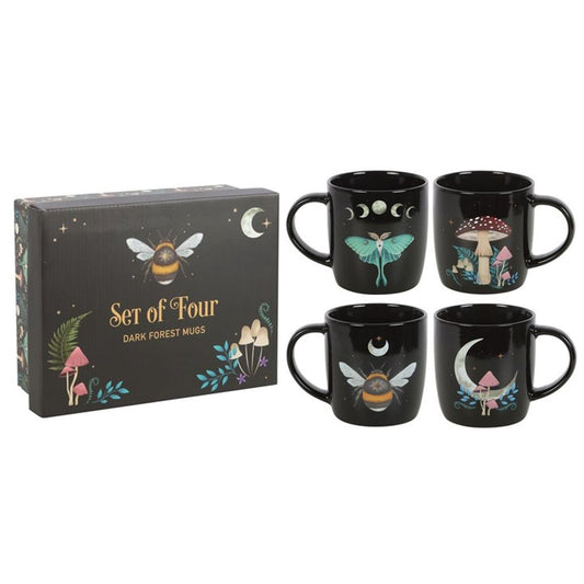 Set of 4 Dark Forest Mugs  This set of four mugs is perfect for anyone who wants to fill their home with practical yet distinctive pieces which bring joy when used. Featuring a different design including a luna moth, toadstools and a bee, each design is accented with moon and star details adding a touch of celestial wonder. Presented in a matching box, this set of mugs makes a perfect gift. Free UK delivery from Fandomonium