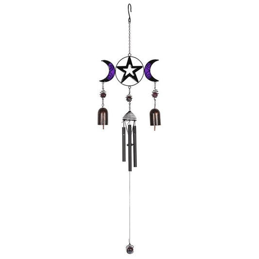 Triple Moon Windchime with Bells  This stunning glass, metal and resin windchime features a lovely triple moon design in black and purple. Hang in a sunny spot to catch the breeze and allow the sunlight to shine through. Free UK Delivery With Fandomonium