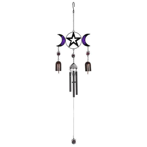 Triple Moon Windchime with Bells  This stunning glass, metal and resin windchime features a lovely triple moon design in black and purple. Hang in a sunny spot to catch the breeze and allow the sunlight to shine through. Free UK Delivery With Fandomonium