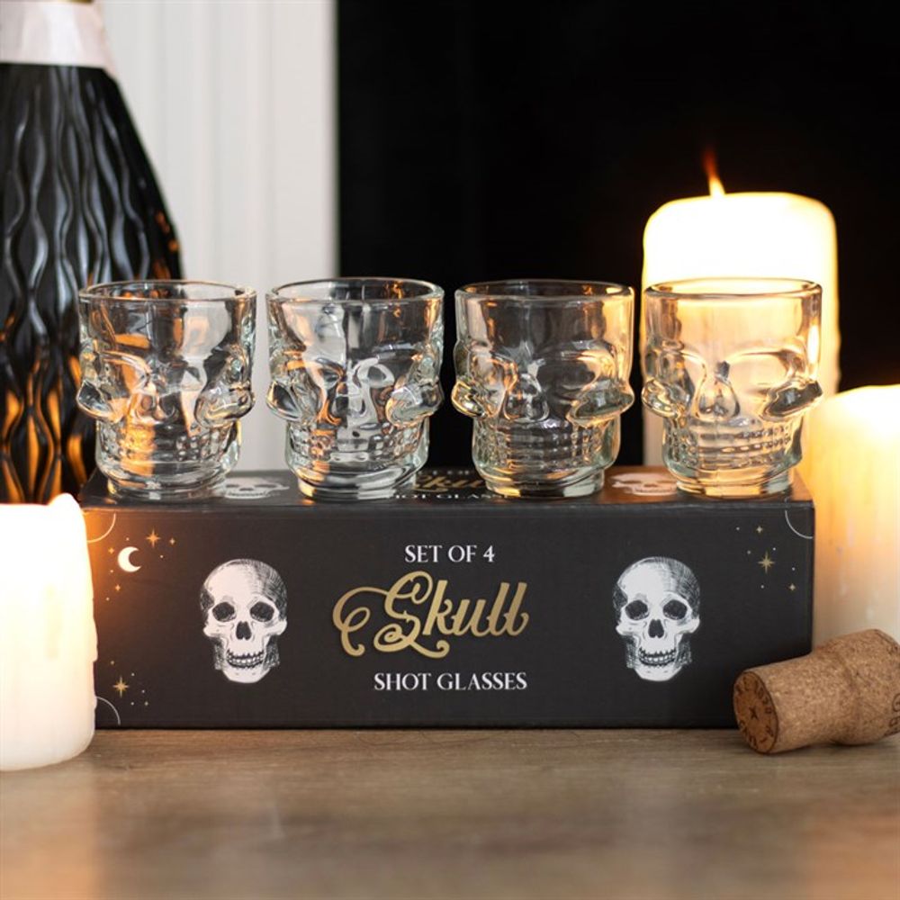 Set of 4 Skull Shot Glasses Set  Raise a glass to the extraordinary with these unforgettable shot glasses with a unique skull design. Whether as a gift for a friend who loves unique glassware or as an addition to your own collection of unique barware, these skull shot glasses are sure to be favoured pieces. Free UK delivery by Fandomonium