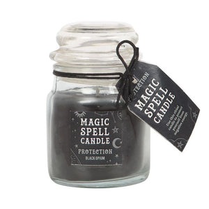 Opium 'Protection' Spell Candle Jar  This small, black jar candle comes in a lovely opium fragrance and is perfect for accompanying spells of protection and guidance. Whether used as alternative decor or as a sacred ritual tool, this candle will attract all things divine. Paraffin wax. Free UK delivery by Fandomonium