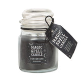 Opium 'Protection' Spell Candle Jar  This small, black jar candle comes in a lovely opium fragrance and is perfect for accompanying spells of protection and guidance. Whether used as alternative decor or as a sacred ritual tool, this candle will attract all things divine. Paraffin wax. Free UK delivery by Fandomonium