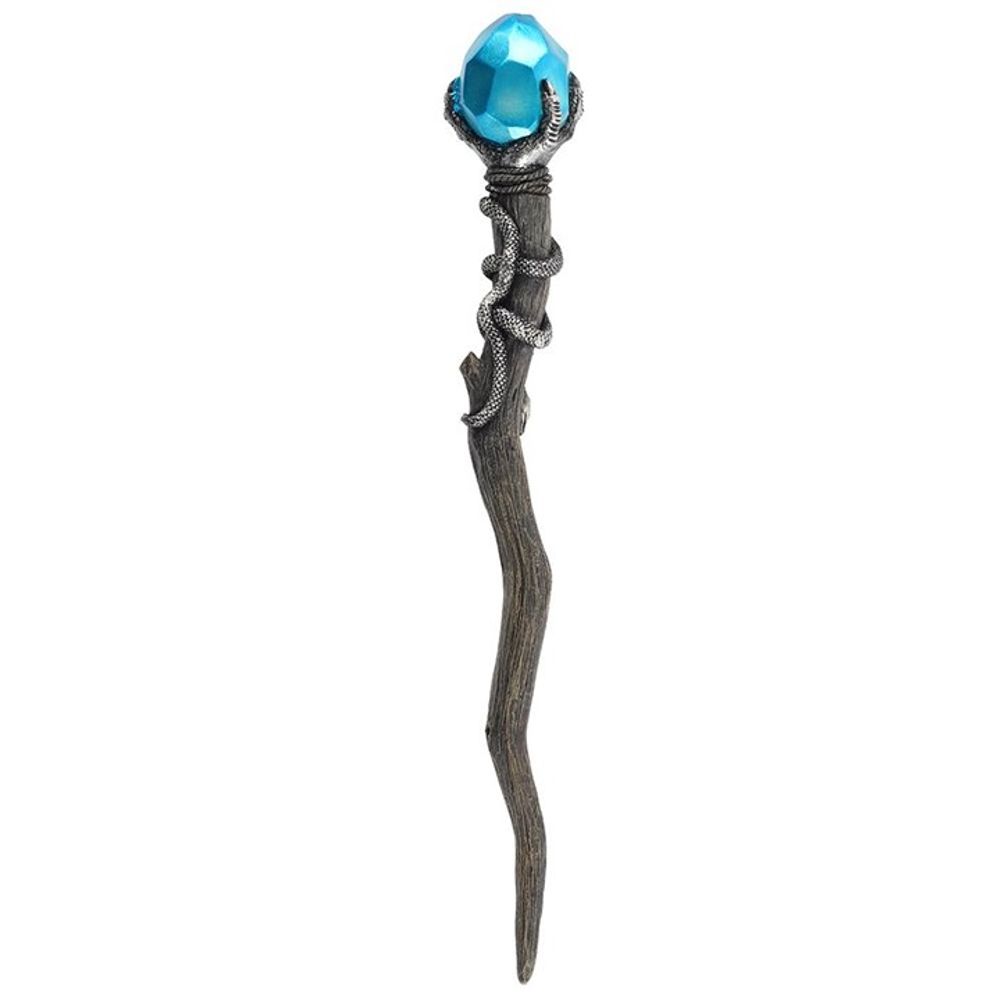 Silver Claw Wand with Blue Gem  This 24cm resin wand features a molded, pearlescent blue gem held by a silver claw. With a slithering snake and pentagram symbol carved into a tree branch-effect stem, this magic wand is a necessity for any witch or wizard's collection. Free delivery by Fandomonium