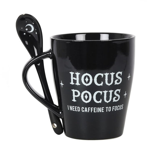 Hocus Pocus Mug and Spoon Set  Black ceramic mug and spoon set with a 'Hocus Pocus I Need Caffeine to Focus' design. Free UK delivery by Fandomonium