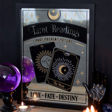 Tarot Readings Mirrored Wall Hanging  This mirrored wall hanging is sure to add mystery and whimsy to any trendy home. A mystical tarot card design is accented by gold foil, celestial details and tarot reading text. A truly magical piece to hang on a gallery wall. Free UK delivery by Fandomonium