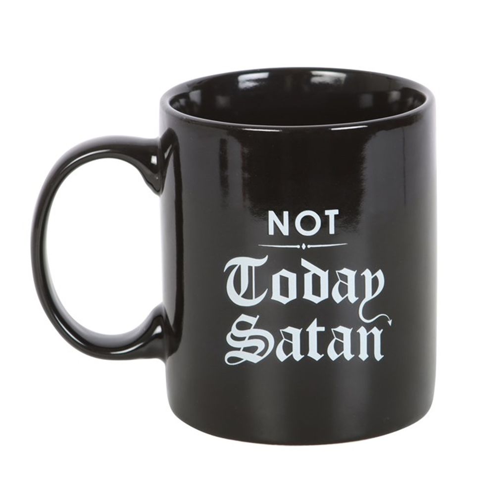 Not Today Satan Mug  Keep your demons at bay with this funny ceramic mug. Features 'Not Today Satan' text written in gothic lettering for warding off unwanted hooved guests. Free UK delivery by Fandomonium