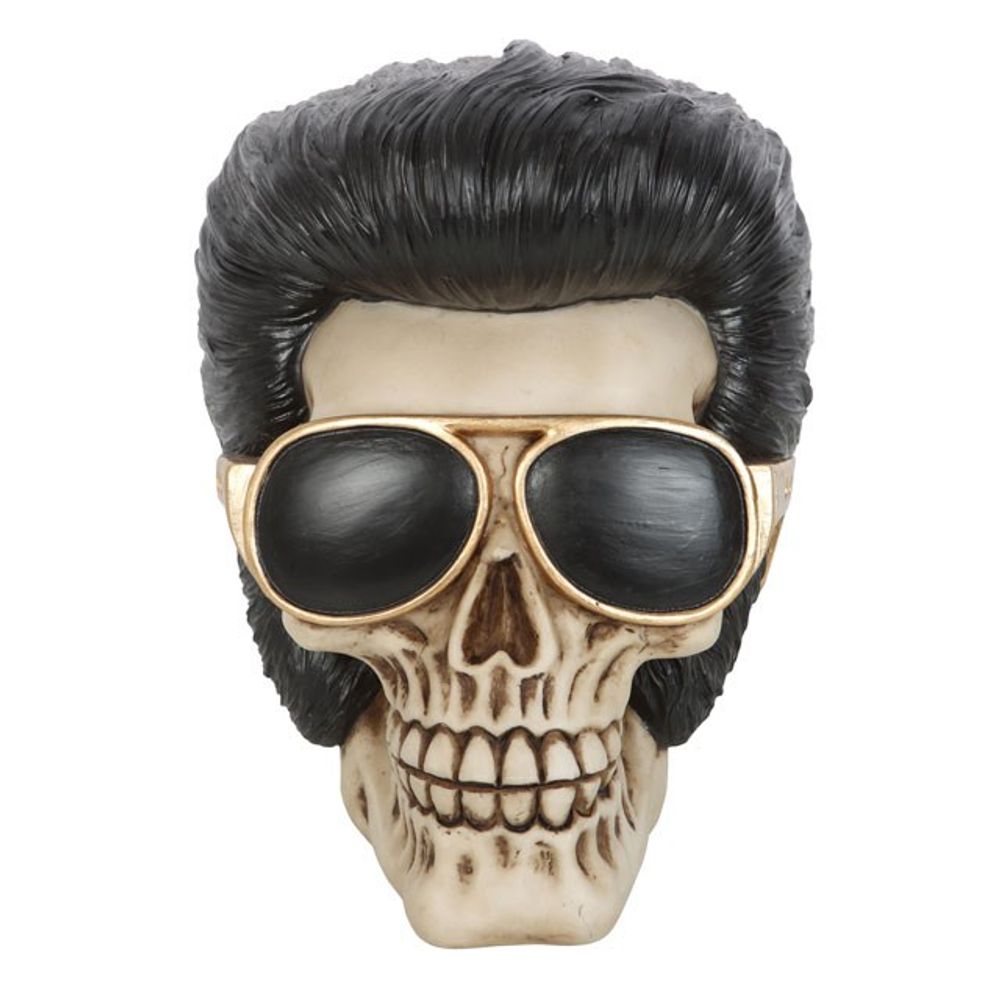 This realistic resin skull ornament wears a pompadour hairstyle and flashy gold sunglasses reminiscent of the King of Rock and Roll. Highly detailed with hand painted details, this eye-catching figurine will be a welcome addition to any skull or Elvis collection. Free UK Delivery by Fandomoniumv