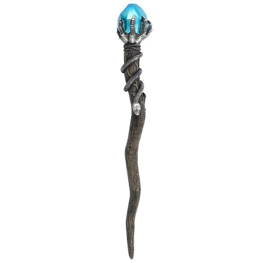 Silver Claw Wand with Blue Gem  This 24cm resin wand features a molded, pearlescent blue gem held by a silver claw. With a slithering snake and pentagram symbol carved into a tree branch-effect stem, this magic wand is a necessity for any witch or wizard's collection. Free delivery by Fandomonium