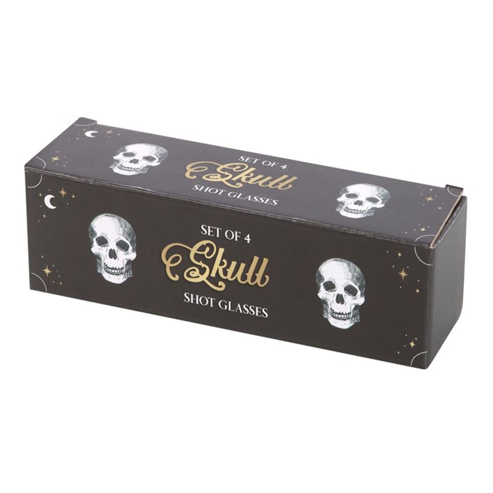 Set of 4 Skull Shot Glasses Set  Raise a glass to the extraordinary with these unforgettable shot glasses with a unique skull design. Whether as a gift for a friend who loves unique glassware or as an addition to your own collection of unique barware, these skull shot glasses are sure to be favoured pieces. Free UK delivery by Fandomonium