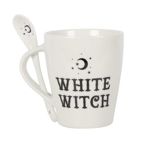 White Witch Mug and Spoon Set  This bewitching ceramic mug and spoon set will add a pinch of magic to every cuppa. Style features 'White Witch' text and matching teaspoon with a mystical moon and star design that fits perfectly in a slotted handle.