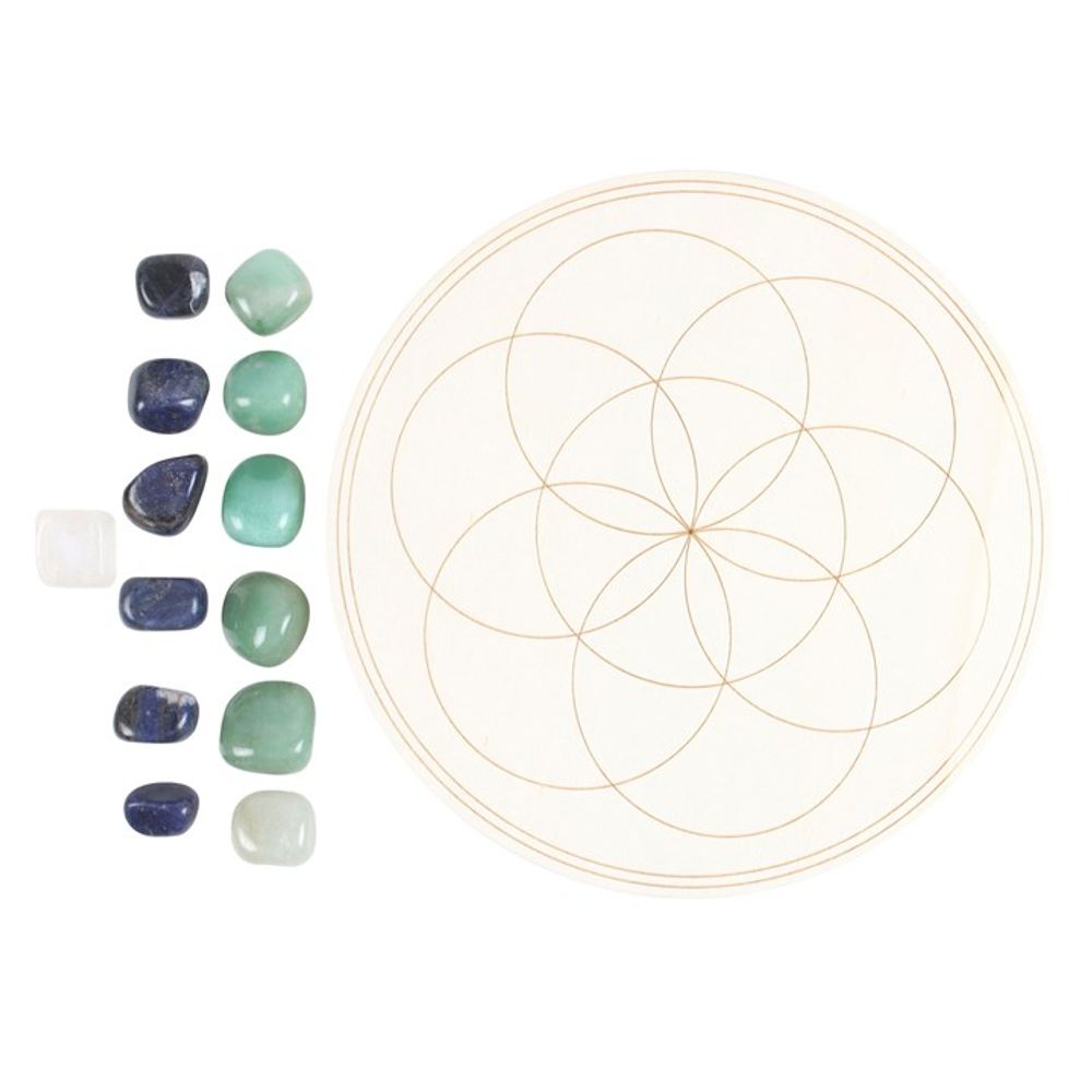 Seed of Life Crystal Grid Set  Practice the spiritual art of amplifying energies with this lovely crystal grid set. The Seed of Life is a geometric pattern widely recognised as a visual representation of the universe. This set includes everything needed to arrange your own crystal grid for attracting abundance, prosperity and success. Free UK delivery by Fandomnium