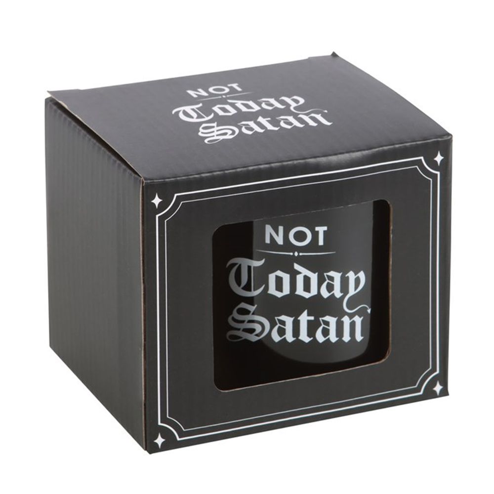 Not Today Satan Mug  Keep your demons at bay with this funny ceramic mug. Features 'Not Today Satan' text written in gothic lettering for warding off unwanted hooved guests. Free UK delivery by Fandomonium