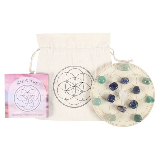 Seed of Life Crystal Grid Set  Practice the spiritual art of amplifying energies with this lovely crystal grid set. The Seed of Life is a geometric pattern widely recognised as a visual representation of the universe. This set includes everything needed to arrange your own crystal grid for attracting abundance, prosperity and success. Free UK delivery by Fandomnium