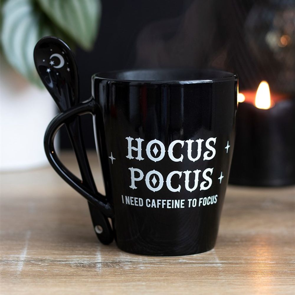 Hocus Pocus Mug and Spoon Set  Black ceramic mug and spoon set with a 'Hocus Pocus I Need Caffeine to Focus' design. Free UK delivery by Fandomonium