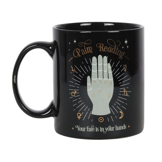 Palm Reading Mug  Stylish black mug with a stunning mystical fortune telling design, metallic gold details and the words 'Your fate is in your hands'. Free UK delivery by Fandomonium