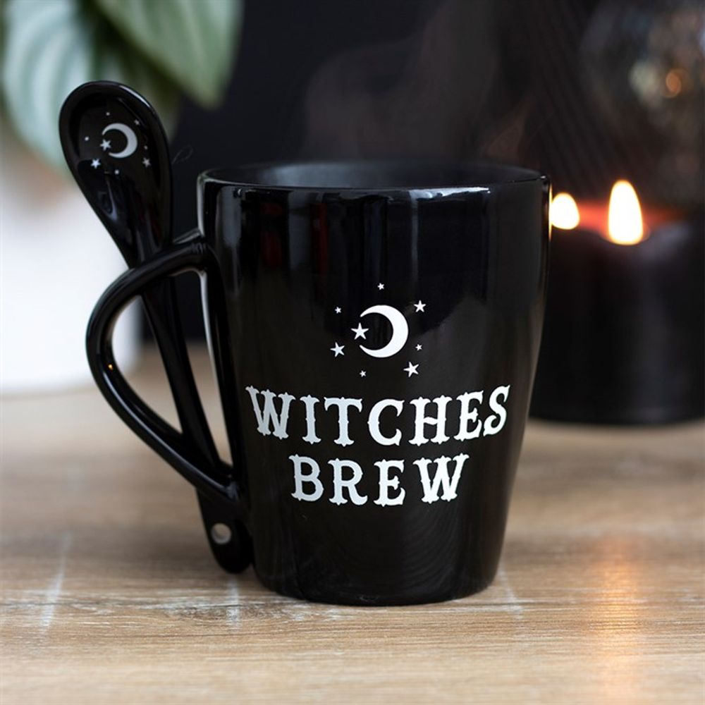 Witches Brew Ceramic Mug and Spoon Set  This bewitching ceramic mug and spoon set will add a pinch of magic to every cuppa. Style features 'Witches Brew' text and matching teaspoon with a mystical moon and star design that fits perfectly in a slotted handle. Free UK Delivery by Fandomonium